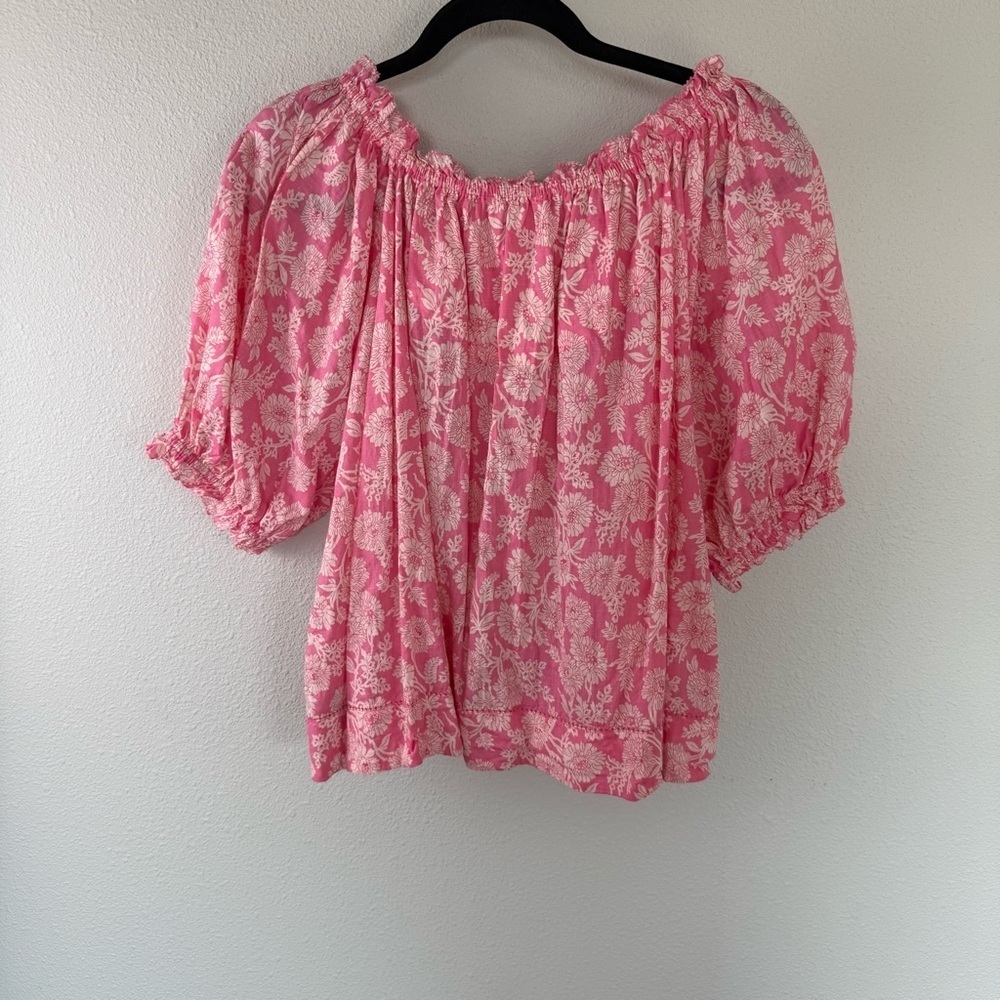 THE GREAT Garland Puff Sleeve Top Bright Rouge Wild Brush Floral Pink Women’s M - Picture 11 of 13